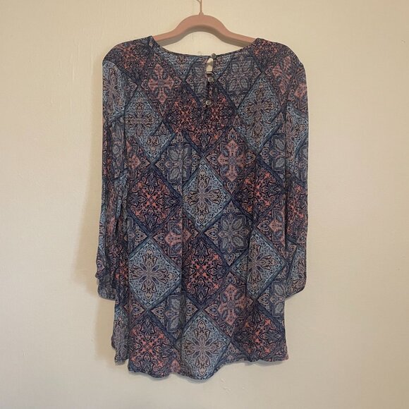 J. Jill | Blue/Pink Mosaic Design Smocked 3/4 Sleeve Boho Blouse Medium - Picture 4 of 5